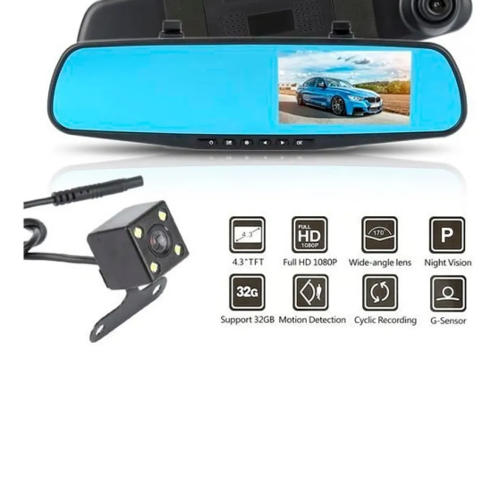 ESPEJO RETROVISOR DVR DOBLE CAMARA DELANTERA Y TRASERA